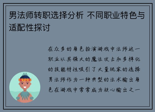 男法师转职选择分析 不同职业特色与适配性探讨